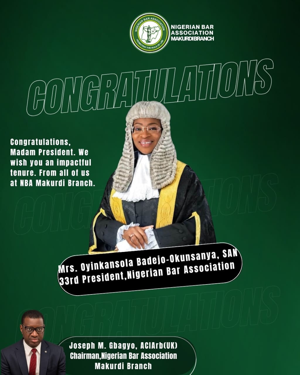 FROM THE CALL TO THE CAUSE: INAUGURAL ADDRESS OF OYINKANSOLA BADEJO-OKUSANYA, SAN, FCIARB, 33RD PRESIDENT OF THE NIGERIAN BAR ASSOCIATION